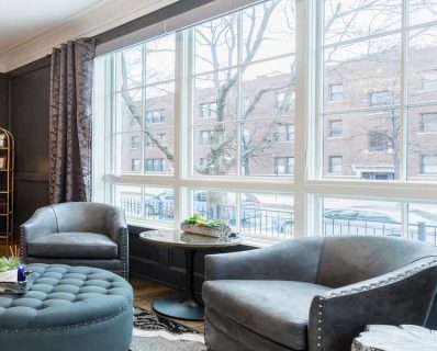 Cozy living room with large windows