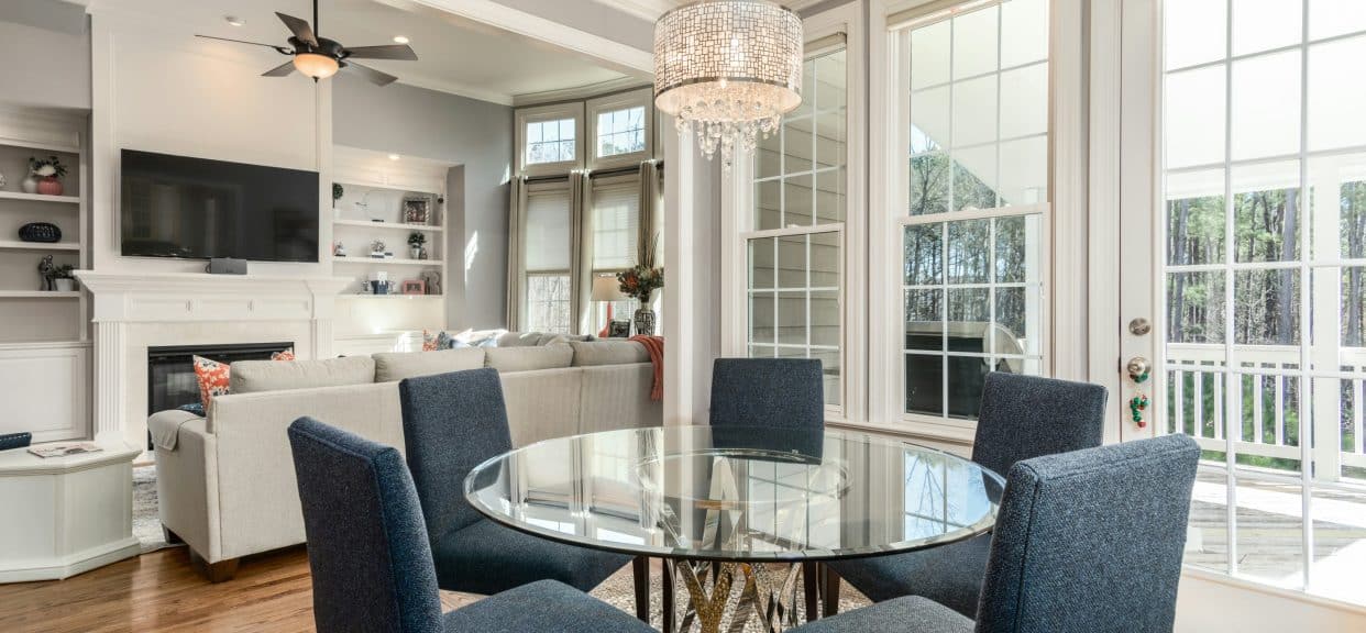 Bright living room with glass table.